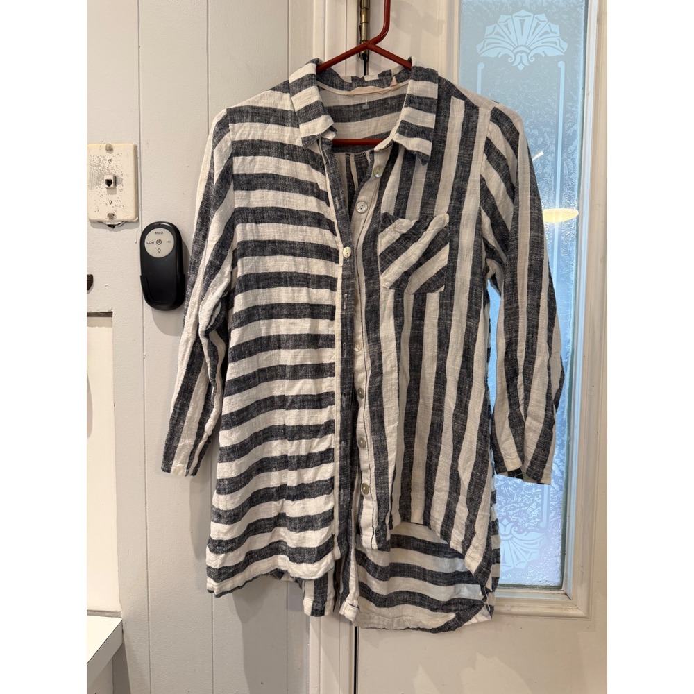 Soft Surroundings Striped Linen Blend Back Zip Tunic Shirt Navy White Medium